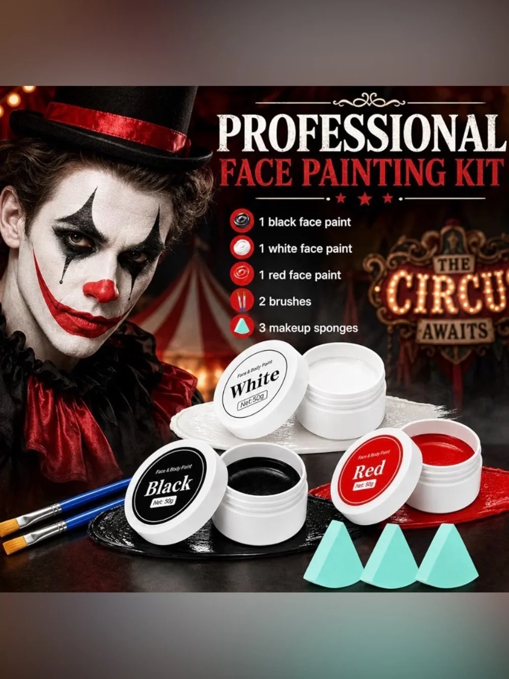NEW Face & Body Paint Set - White, Black, Red - 8 Pc Kit (Halloween Makeup) ✨